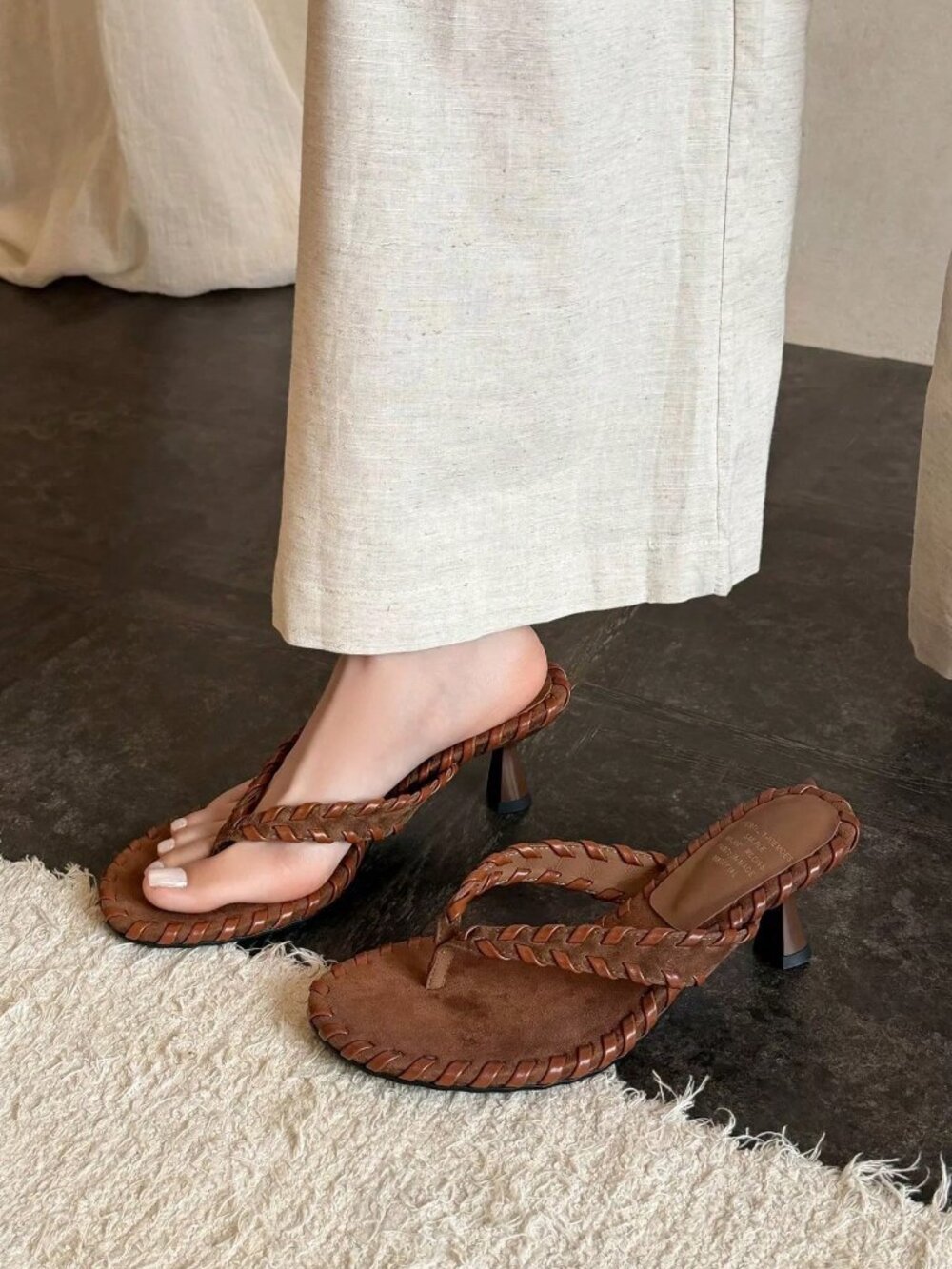 Brown Casual Women's Square Toe Stiletto Sandals Kitten Heel Flip Flop - Picture 3 of 4